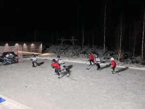 Barn spelar ishockey hemma i trädgården på en isbana / rink skapad med presenning