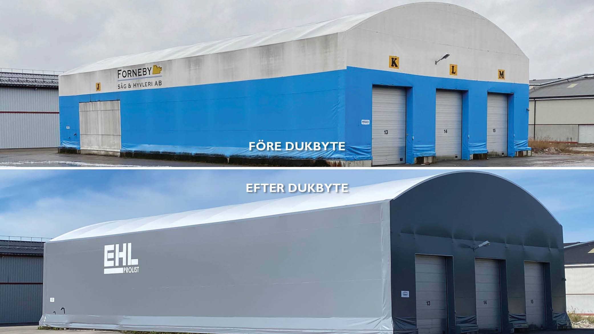 Canvas replacement at EHL Prolist in Möklinta. Picture with two fabric structures, one before and one after the canvas replacement